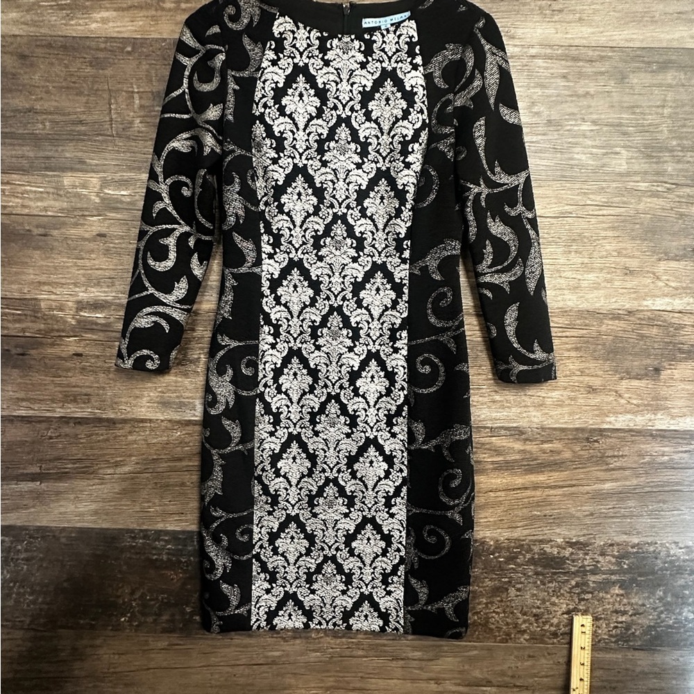 ANTONIO MELANI Black and Silver Sheath Dress 3/4 Sleeve